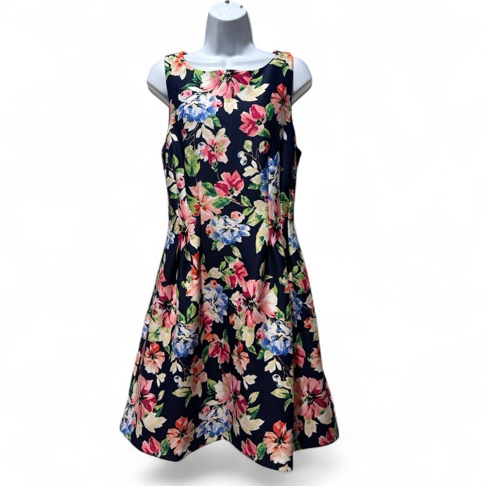 Vince Camuto Navy Pink Floral Fit & Flare Dress Size 12 Pockets Lined